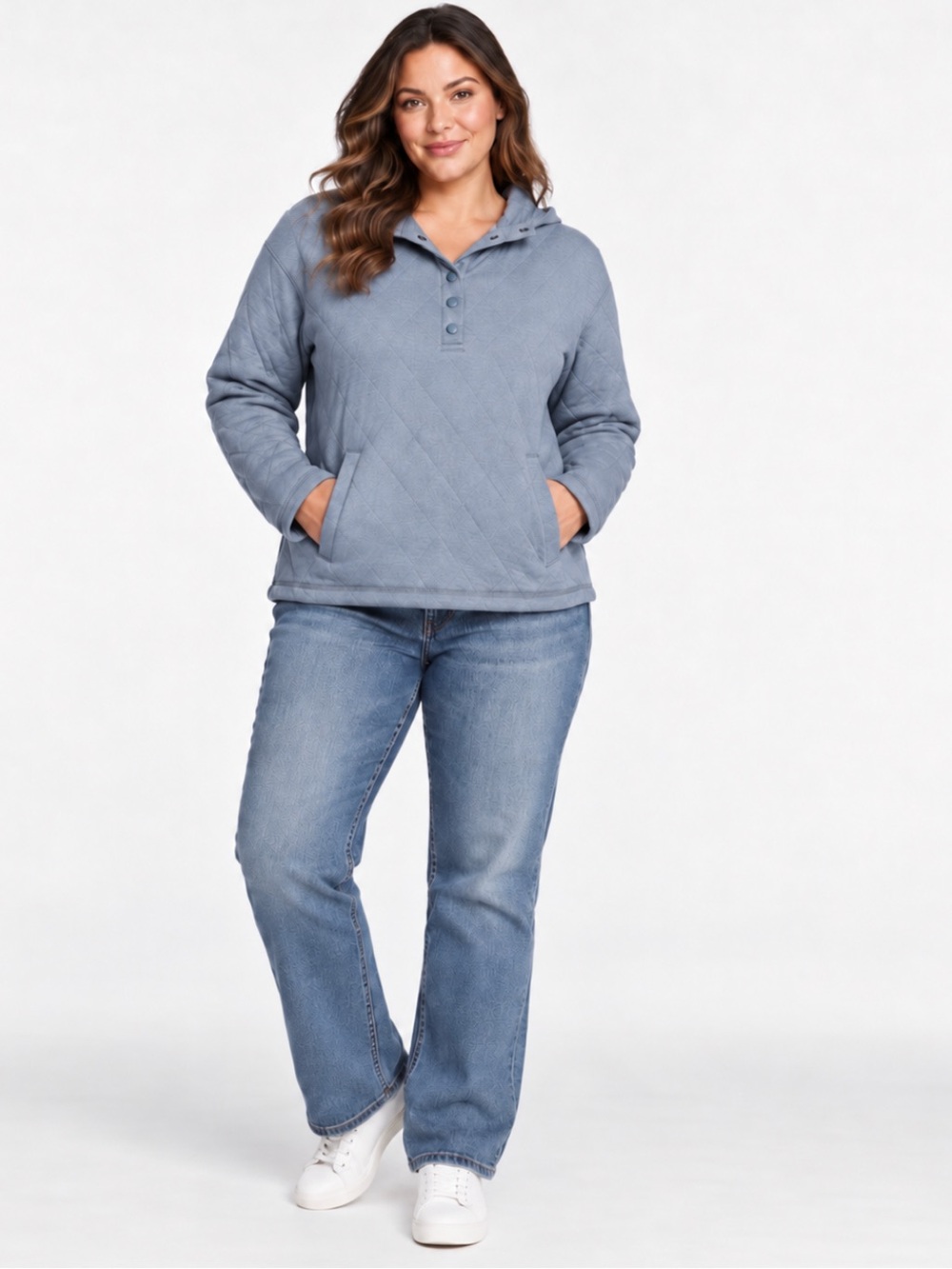 Lands' End Women's Cozy Soft Quilted 5 Snap Pullover Hoodie Kangaroo Pocket π - Picture 1 of 8
